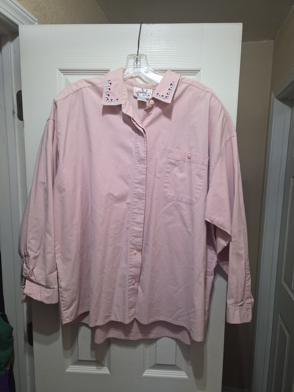 Light Pink Long-Sleeve Button-Up Shirt with Embellished Collar